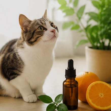 Cat sitting beside essential oil bottle and oranges, highlighting essential oils safe for pets.