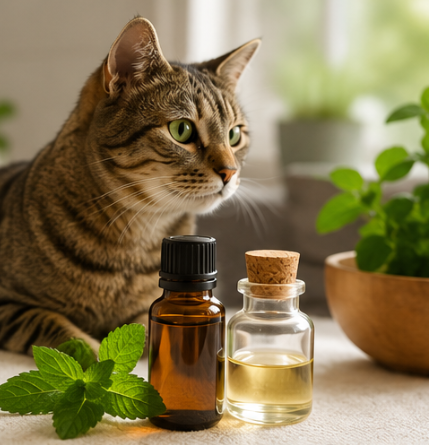 A cat with essential oils and herbs, emphasizing the importance of pet safe candles for feline health.
