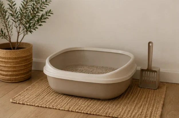 Pet litter box with scoop next to a potted plant on a woven mat, perfect for maintaining a clean home with pets.