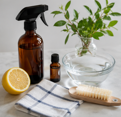 Tea tree oil for cats and natural cleaning ingredients on a marble surface.
