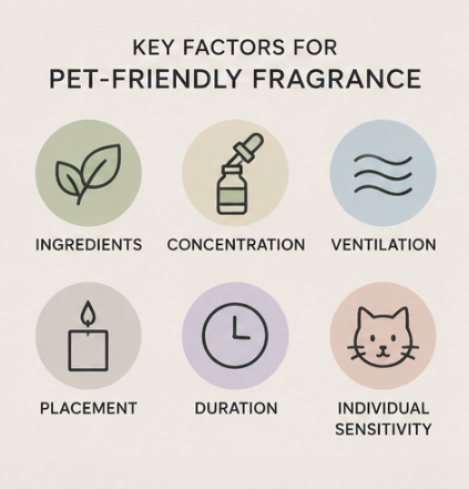 Key factors for pet-friendly fragrance, including ingredients, concentration, and pet safe candles.