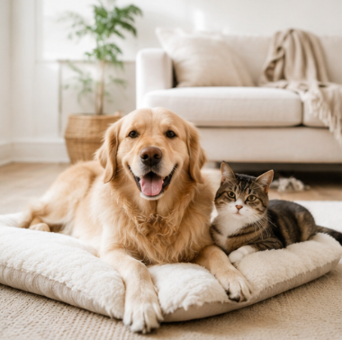 Golden retriever and tabby cat relaxing on a pet bed, highlighting essential oils safe for pets.