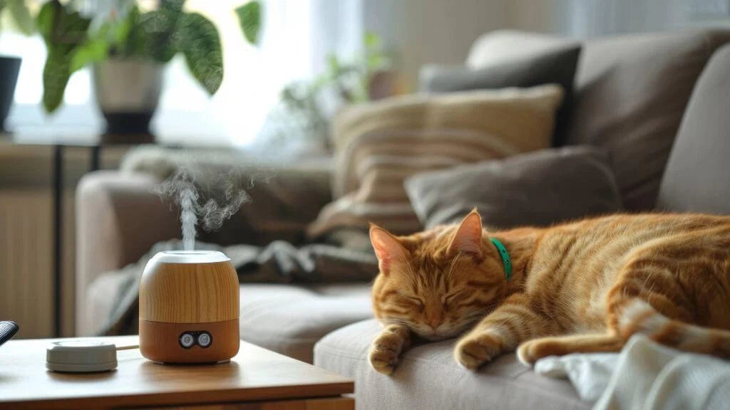 Essential Oils Safe for Pets: Toxic Scents for Cats with a sleeping cat near a diffuser in a cozy living room.